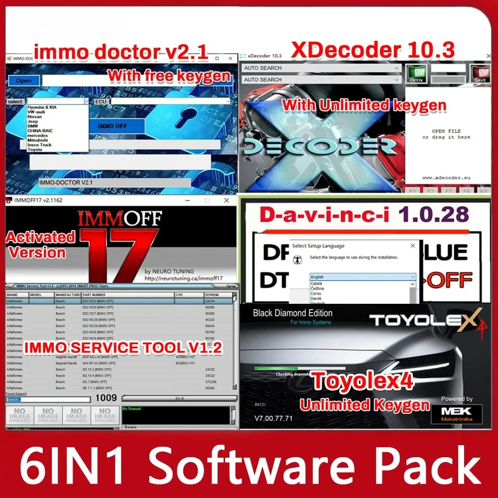 

IMMO DOCTOR V2.1+XDecoder 10.3+Davinci 1.0.28+IMMOFF17+IMMO Service Tool V1.2+Toyolex4 Unlimited Keygen 6in1 Программное обеспечение для ремонта автомобилей