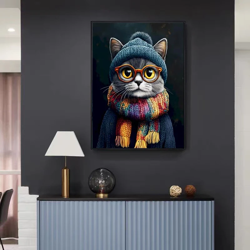 Cat with Glasses Wearing Hat and Scarf Poster Prints Cartoon Animal Canvas Painting Wall Art Picture for Living Room Home Decor view 4
