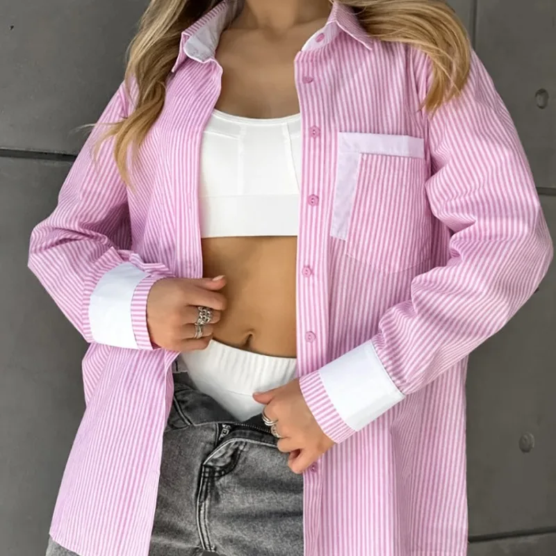 Trendix Pink Striped Shirt For Women Fashion Patchwork Long Sleeve Casual Pocket Shirts 2024 Autumn Street Loose Trendy Cardigan