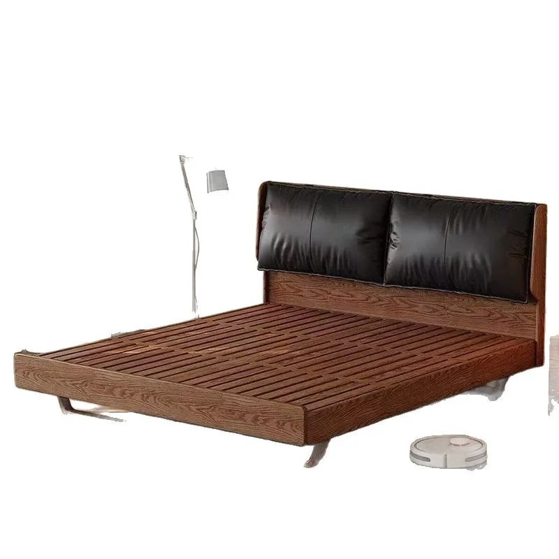 Leather soft bag solid wood bed 1.8 meters double bed antique retro master bedroom suspended square edge ash wood single bed