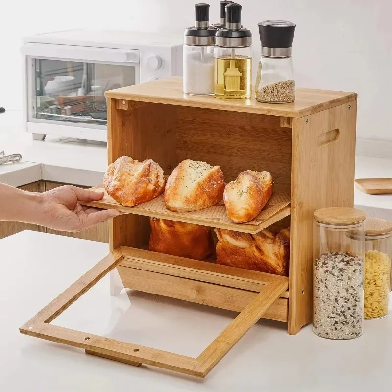 Large Capacity Multi-Functional Bread Box Bedroom Snack Storage Bamboo Organizer Kitchen Counter Holder