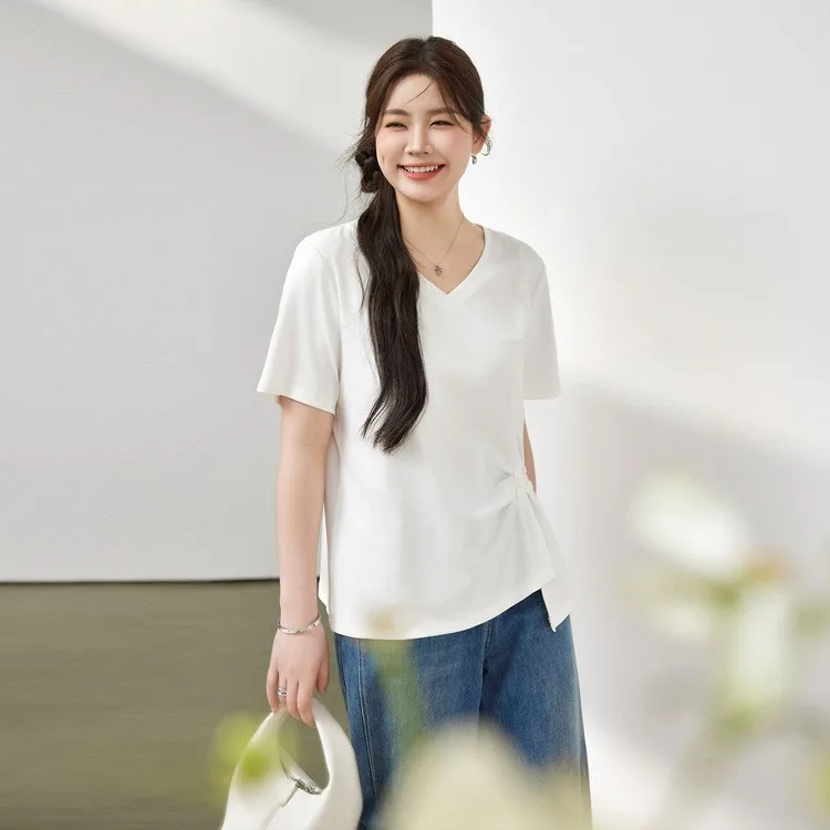 Camiseta con efecto adelgazante y diseño de botones, abertura Individual, ropa china de talla grande para mujer, verano 2024 Faion