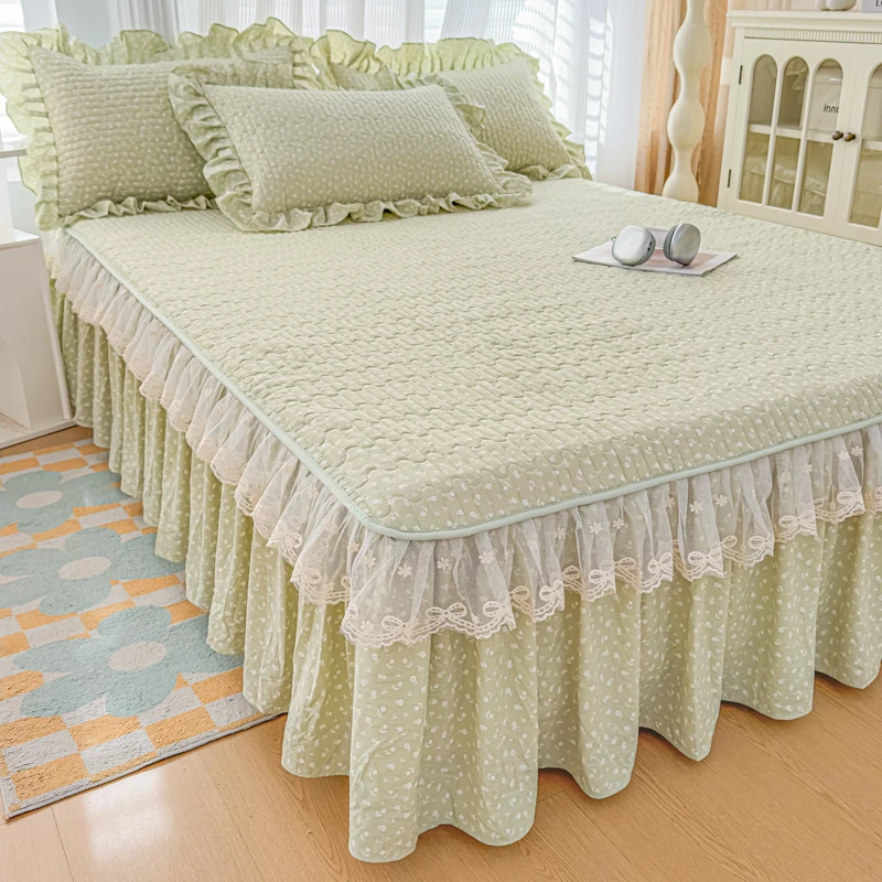 Quilted Thick Bed Skirt with Ruffles Flower Printed Bed Sheet with Lace Single/Queen/King Size Home Bed Linen Soft 침대스커트