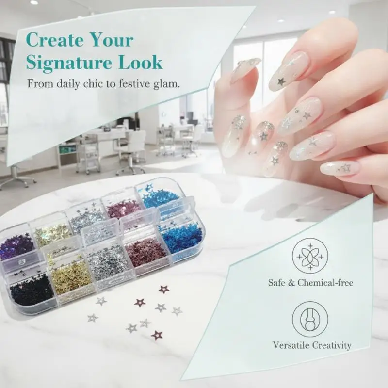 12 Grids Star Sequin Five-pointed Star Colorful Nail Art Charm Sparkle 3D Nail Rivet Nail Decor DIY Manicure Accessories
