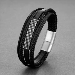 Pulsera de cuero multicapa para hombre, pulsera de acero inoxidable, Estilo Vintage Punk Rock, náutica, nueva marca de moda