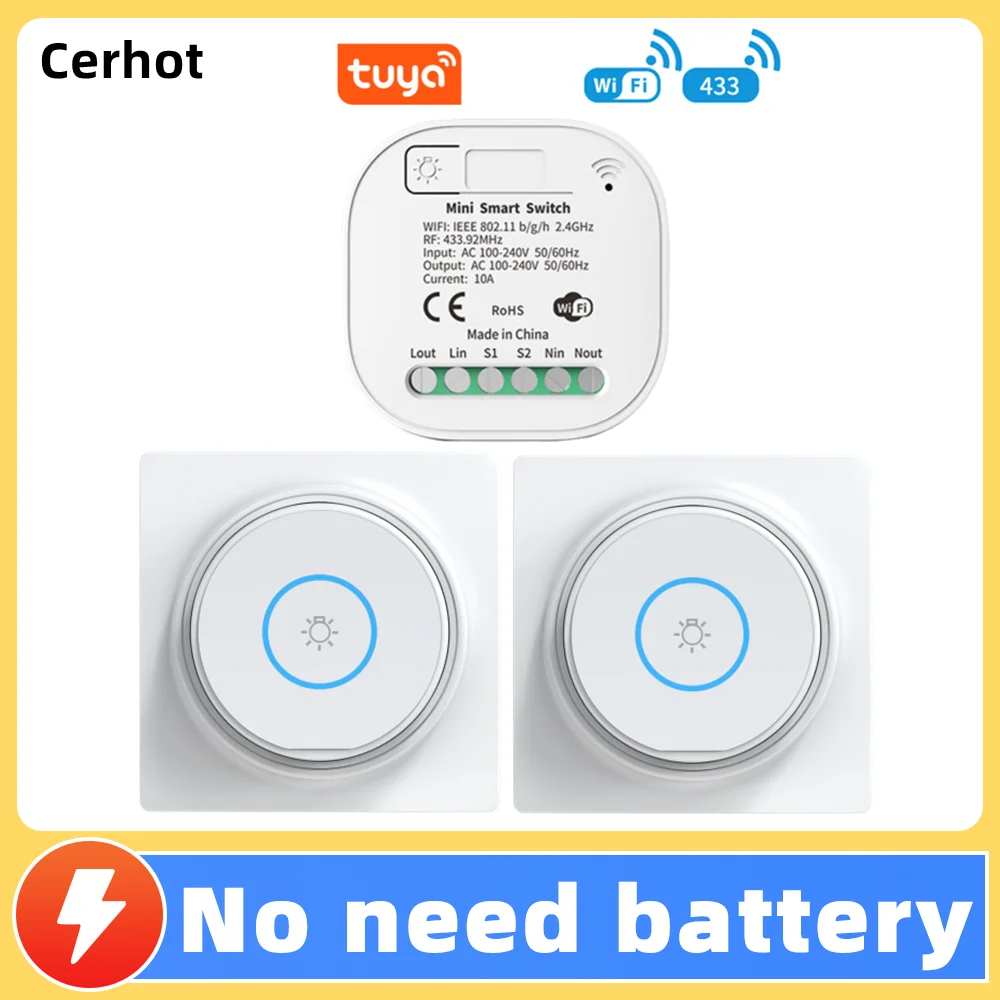 

Cerhot 10A Tuya Wi-Fi Умный переключатель Беспроводной таймер Умный дом Приложение Tuya Без батареи Выключатель света Работа с Google Home Alexa