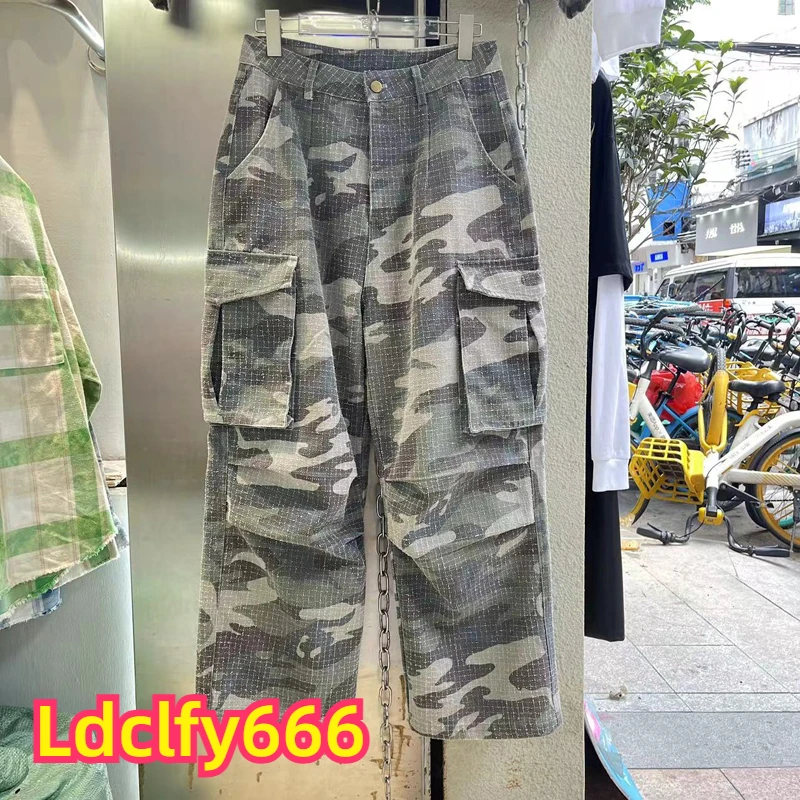 Multi Pockets Embroidered Grid Camouflage Pants Casual Cargo Trousers Blue Embroidery Letters Logo Men Women Four Seasons