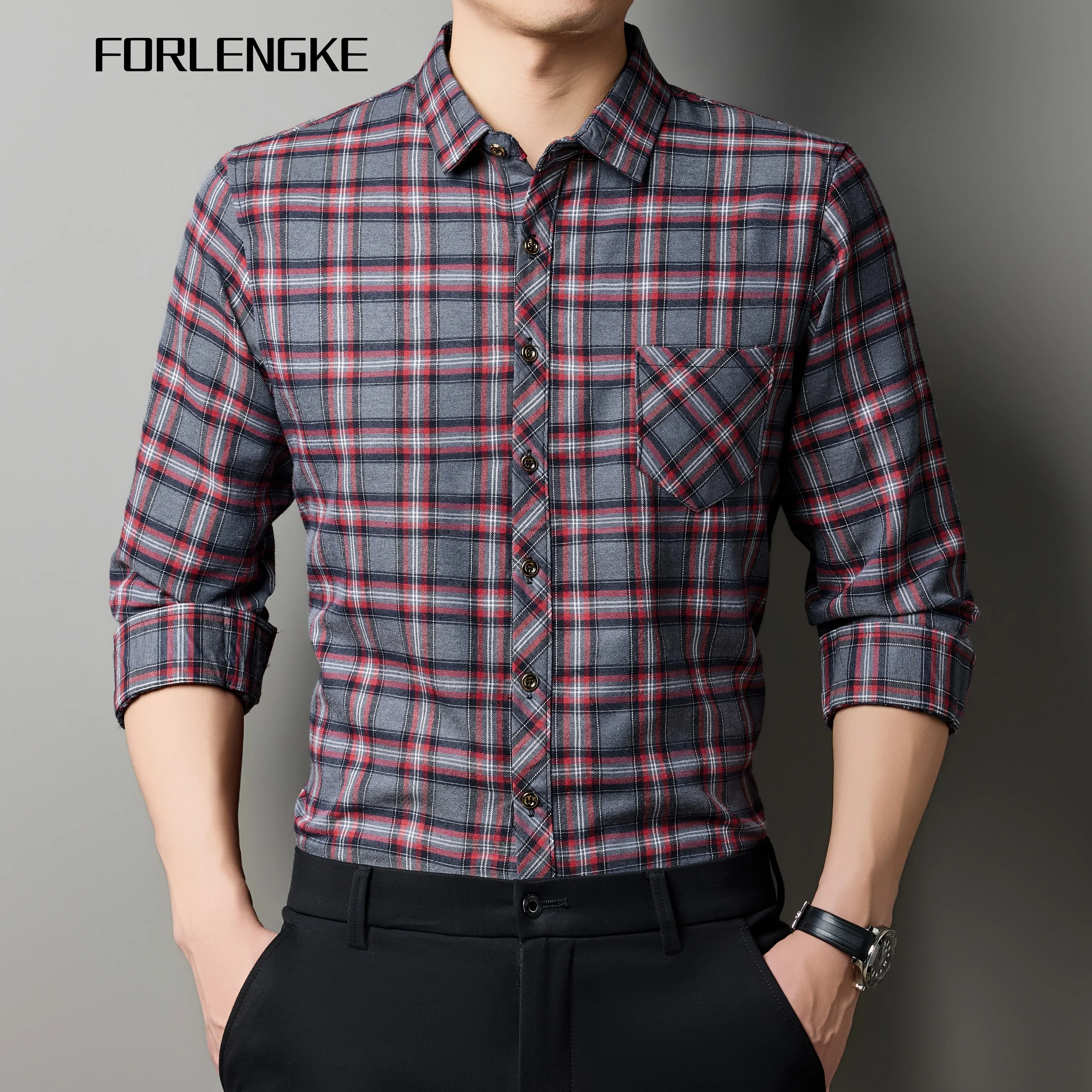 FORLENGKE Men Casual Plaid Long Sleeve Shirt, Soft Breathable Regular Fit Button Down Top For Autumn Daily Office Wear