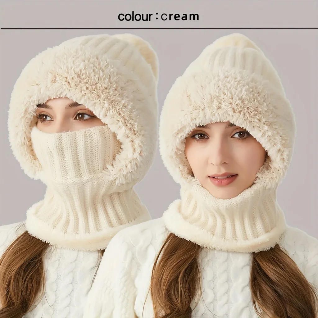 Winter Fleece Lined Knitted Hat with Ear Covers 3 in 1 Winter Hat Scarf Mask Set Windproof Warm Hooded Neck Warmer for Outdoor C