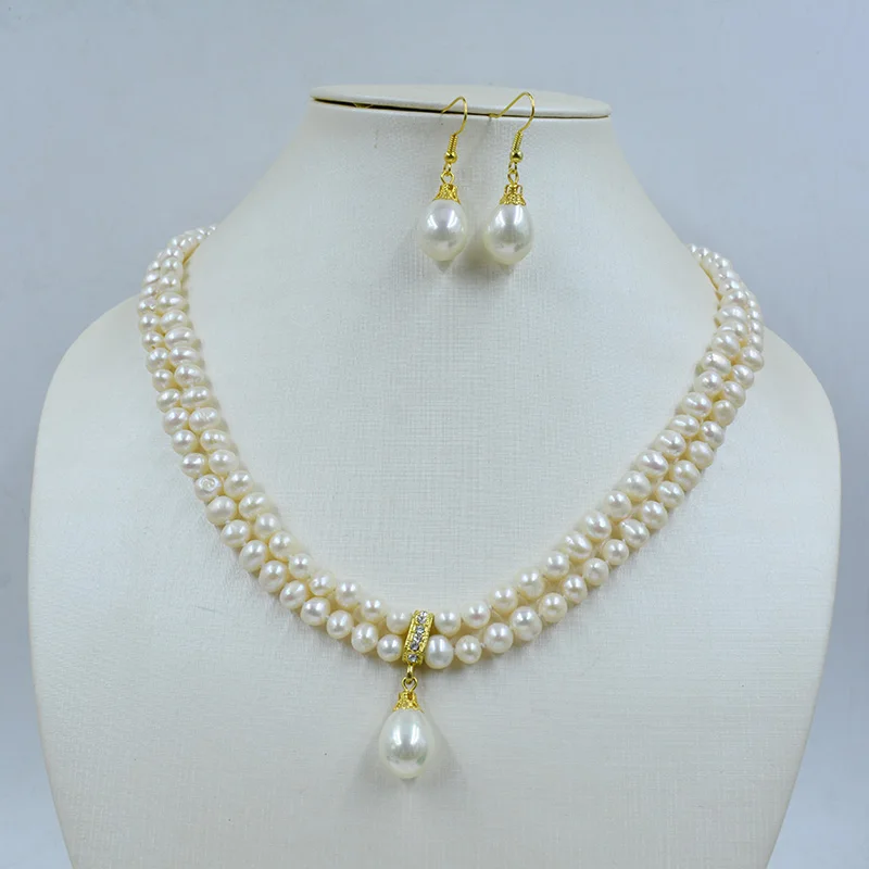 6MM 2 Row Natural Cultured Freshwater White Pearl Necklace Earrings suit