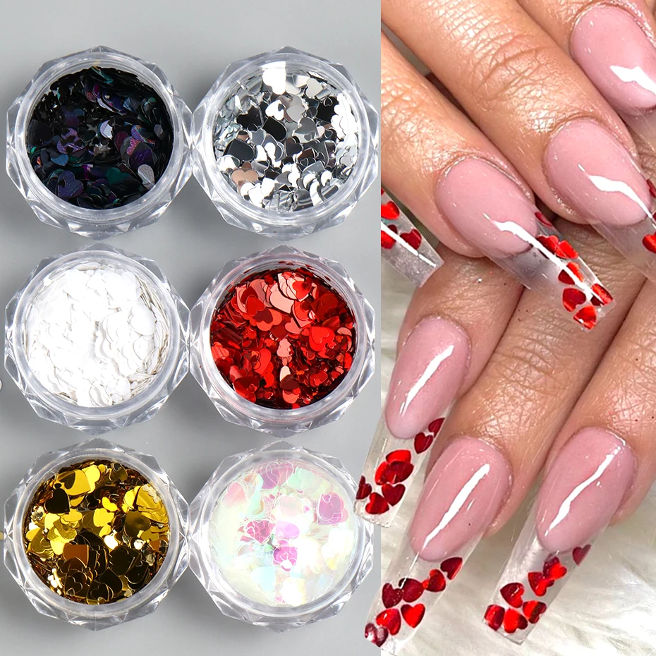 6 pièces amour coeur ongles paillettes flocons paillettes rouge or argent noir blanc holographique coeur saint valentin Nail Art décoration manucure