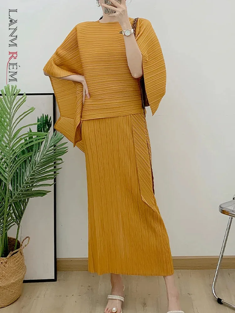 

LANMREM Elegant Pleated Solid Color 2 Pieces Set Women Irregular Shawl Slim Long Dress Fashion Party 2024 Spring New 2AA2228