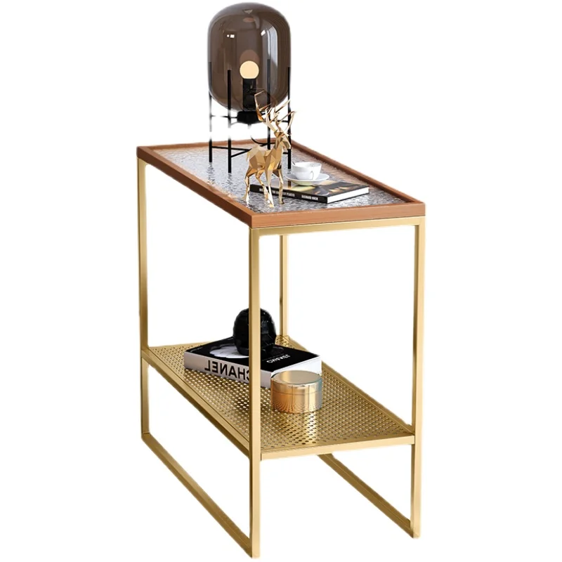 

Simple Solid Wood Glass Metal Corner Table, Light Luxury Wrought Iron Small Coffee Table, Narrow Side Table