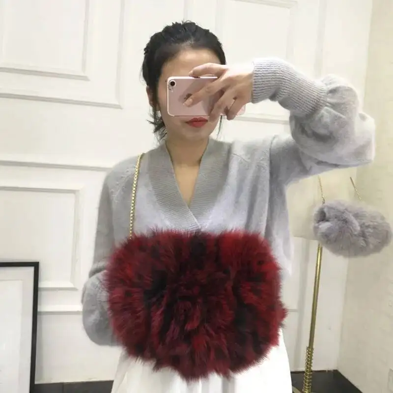 

Real Fox Fur Bags Women Cute Cream Colorful Furry Fur Shoulder Bag Purse Envelope Women Fashion Handbag Designer Female Chain