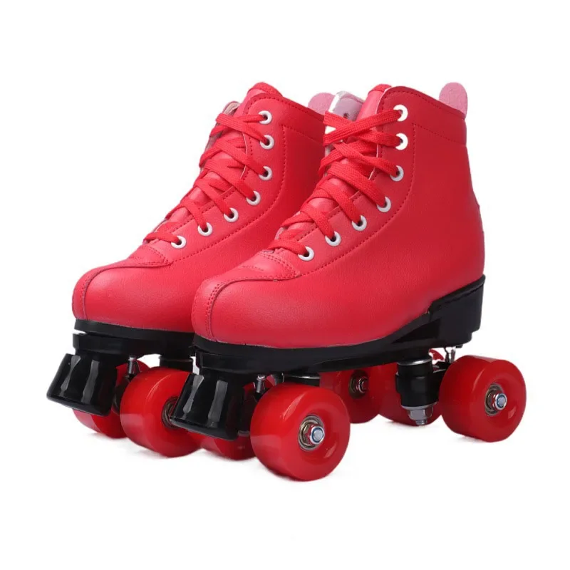 Roller Skate Shoes,Red Lether Roller Skates With PU Wheel Woman Man Patines Outdoor Double Row Flashing Skating Rollers Wheels