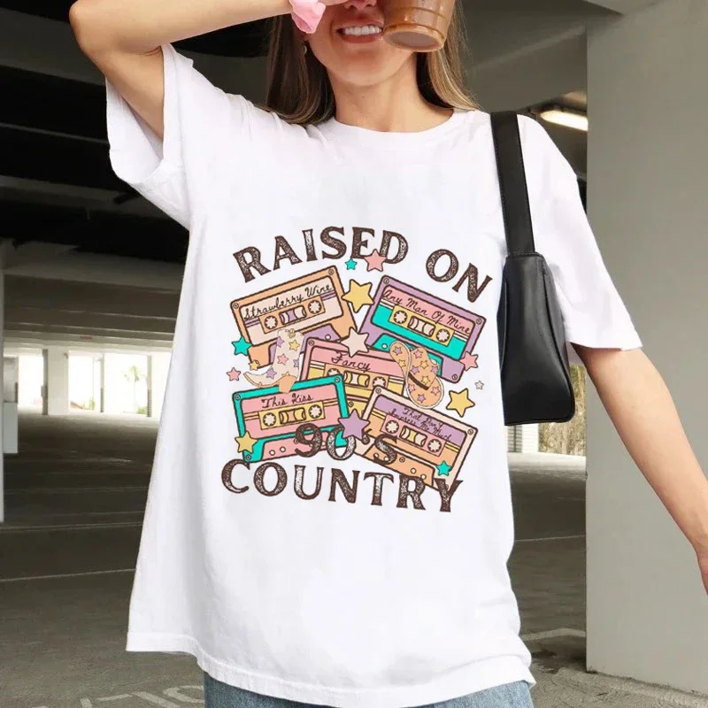 

Women's Short Sleeved Vintage Raised On 90s Country Cassette Printed Clothing Trend Pattern Printed T-Shirt Top Beautiful T-Shir