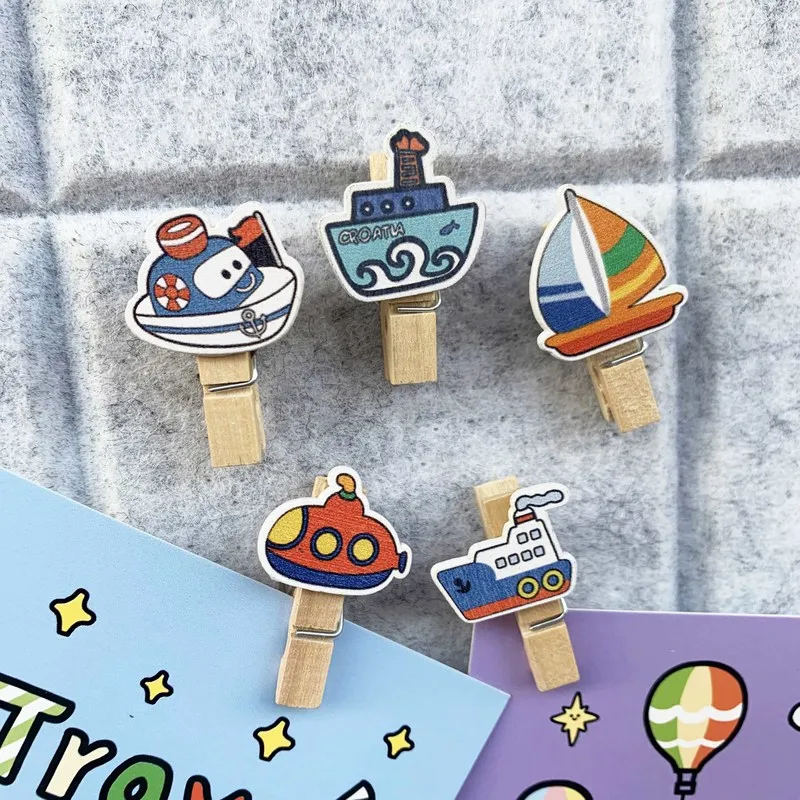 5pcs Ice Cream Thumbtack Clip Cartoon Cat Cute Pushpin Submarine Push Pin with Wood Clips Wooden Tacks Pin DIY Office Binding