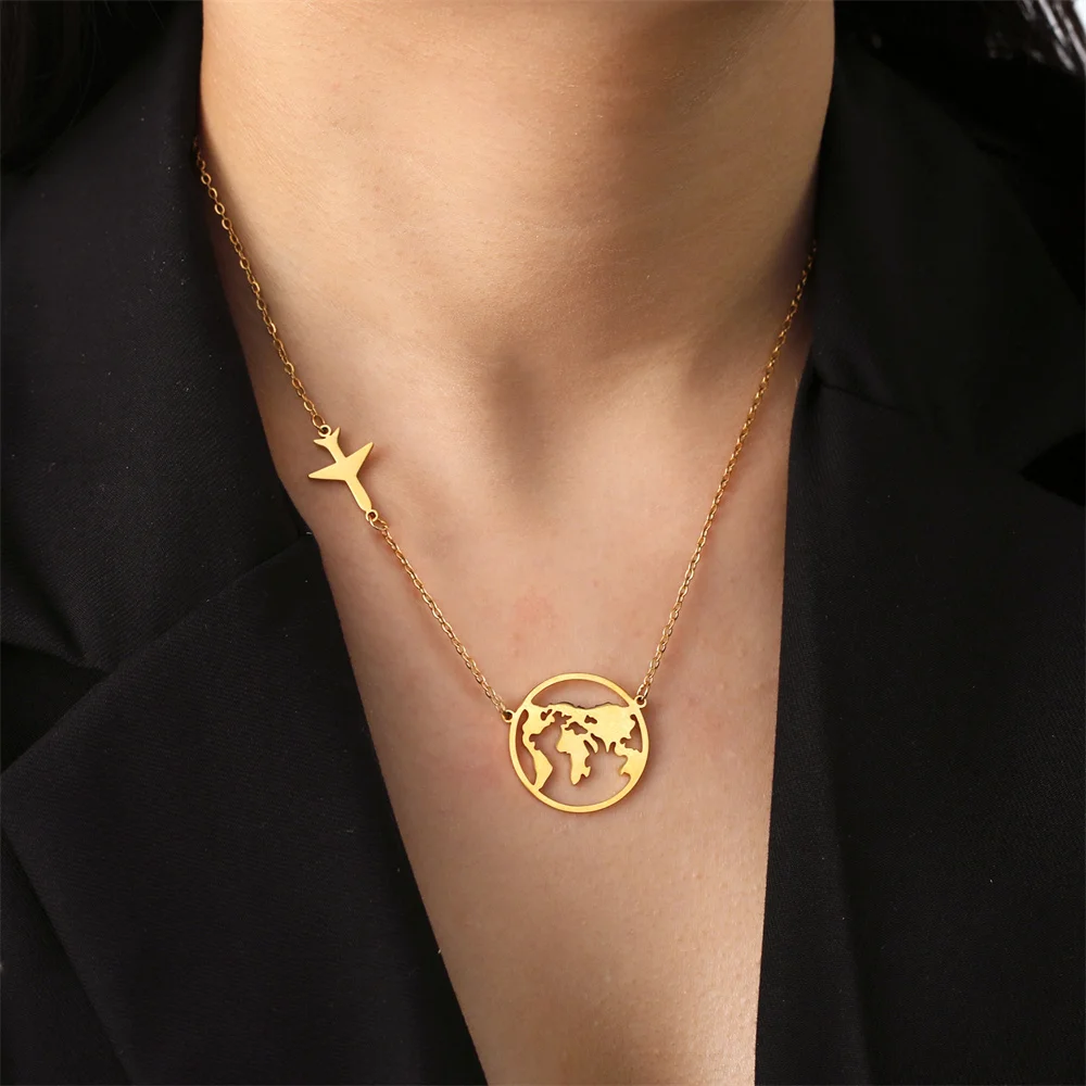 My Shape Aircraft World Map Pendant Necklaces for Women Men Hollow Map Airplane Stainless Steel Chain Choker Jewelry Travel Gift view 2
