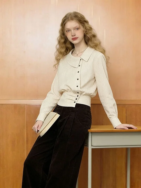 

ZhuoZhi Slimming Striped Shirt Women's Long Sleeve Turn-down Collar Side Buttoning Waist-cinching Commute Ready All-rounder
