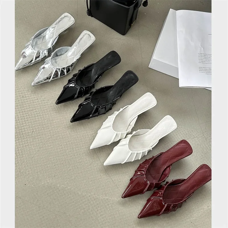 Eilyken Designer จีบสิทธิบัตรหนัง Pointed Toe Mules รองเท้าแตะผู้หญิงรองเท้าส้นสูงรองเท้าแฟชั่น Zapatos De Mujer