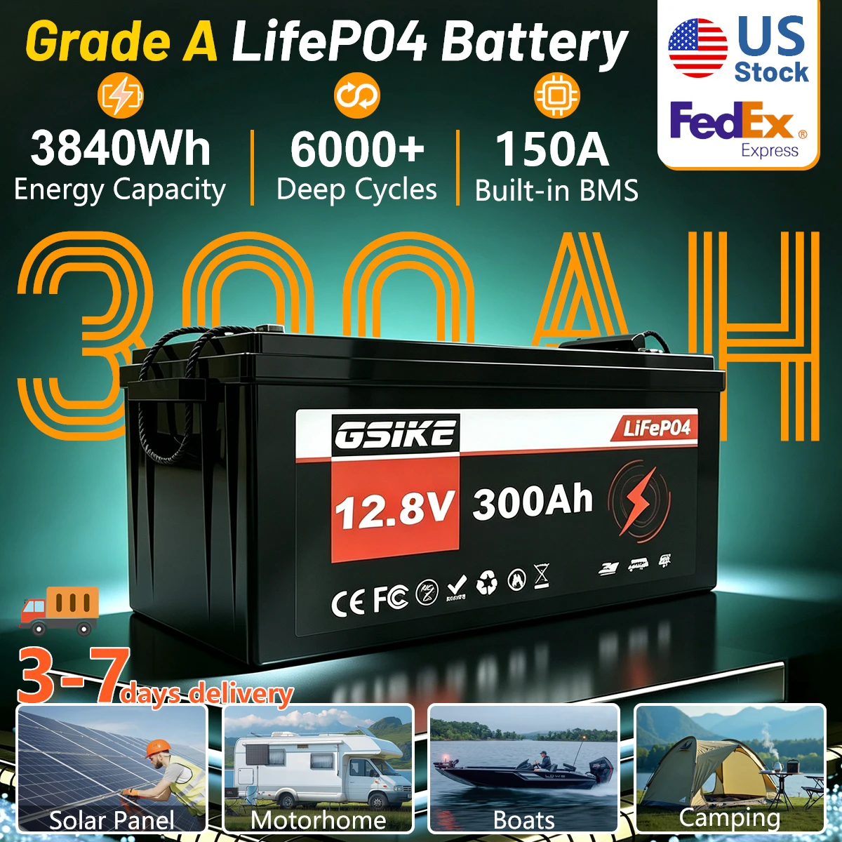 GSIKE 12.8V 300Ah 3840Wh LiFePO4 Deep Cycle Lithium Battery Built‑in BMS for RV Marine Solar Panel Off‑Grid Household Emergency Power Storage