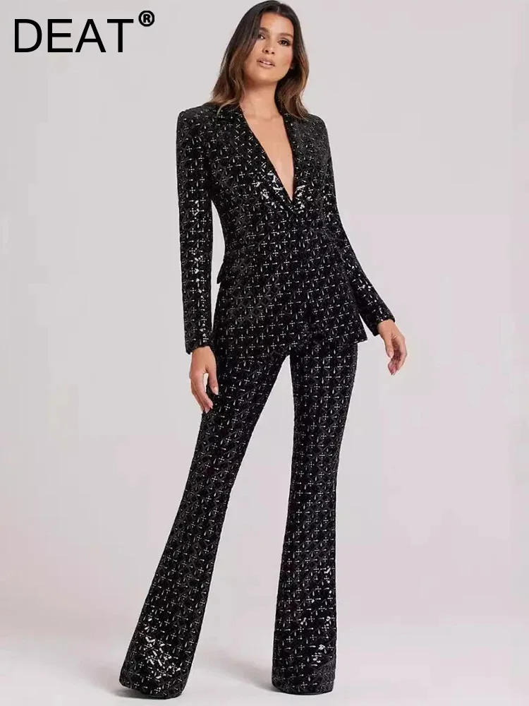 

DEAT Elegant 2 Pcs Set Notched Sequins Boutton Top High Waist Solid Slim Pant Women's Formal Suits 2024 Autumn New Tide 35Z855