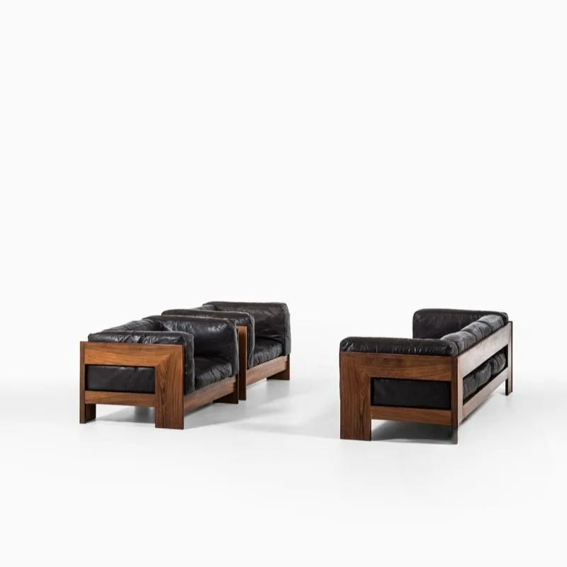 Medieval log base, black leather art sofa, living room, bedroom, small apartment, multi-person straight-row ash wood sofa