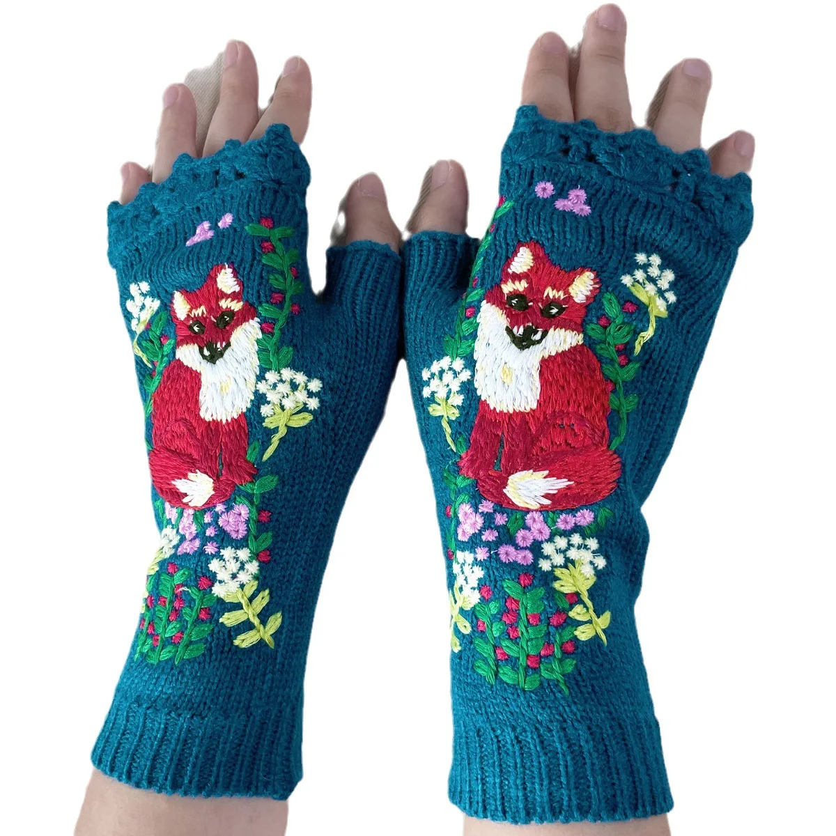 Autumn and winter  fox warm embroidery knitted  wool gloves for women