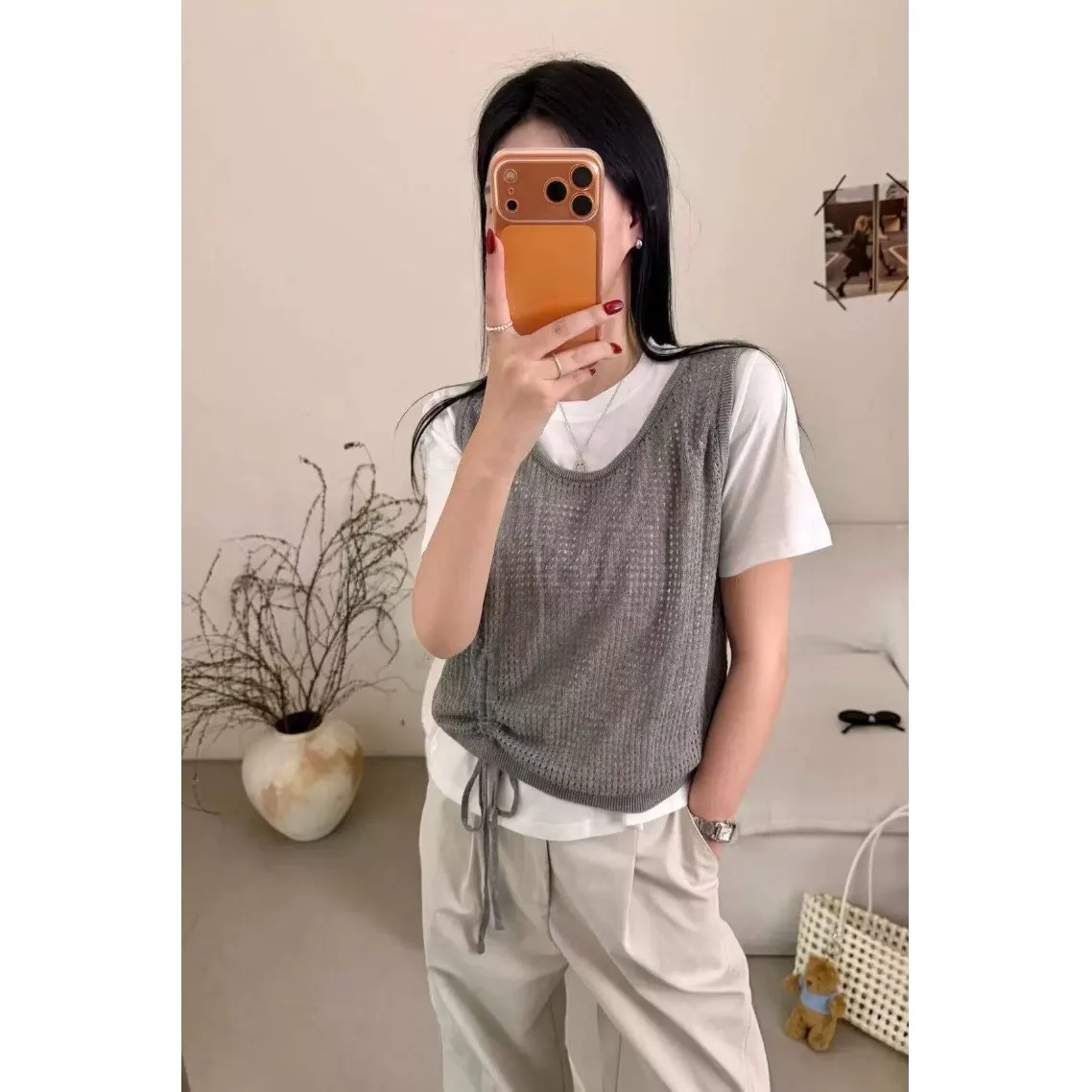 

Korean Style Lazy Drawstring Design Short Sleeve T-Shirt Two-Piece Set Women's Loose Fit round Neck Regular Length Summer 2026