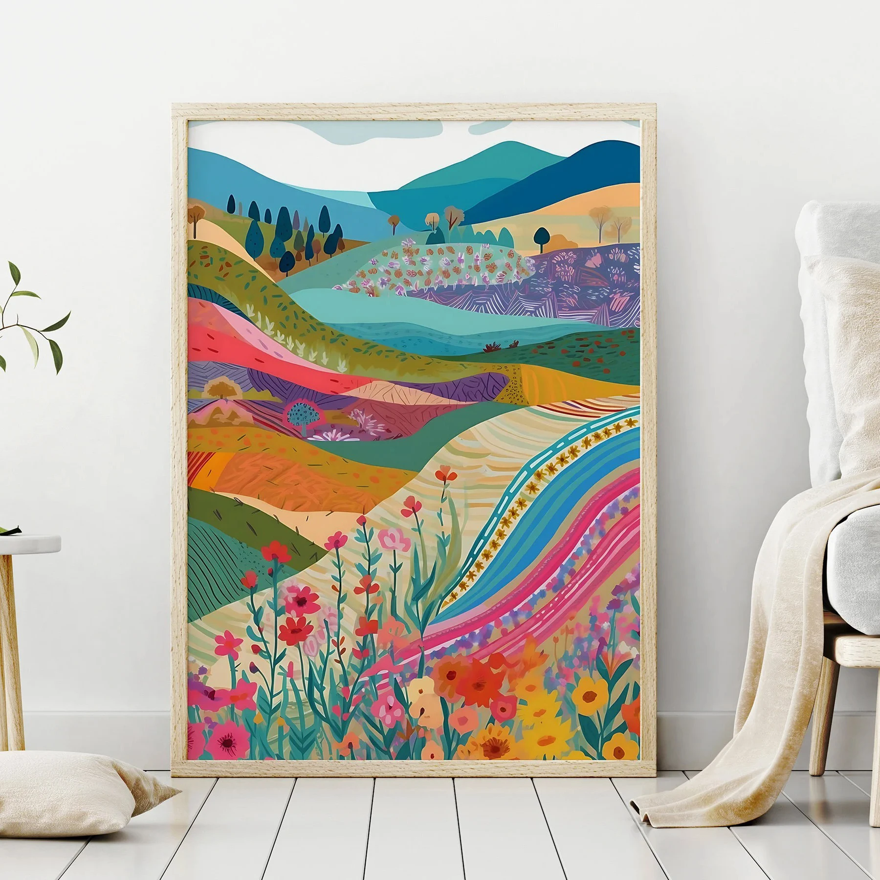 Zestaw 2 obrazów na płótnie: Patchwork Meadow, krajobraz, kwiaty, botanika, kolorowy maksimalizm, abstrakcyjny plakat, dekoracja domu