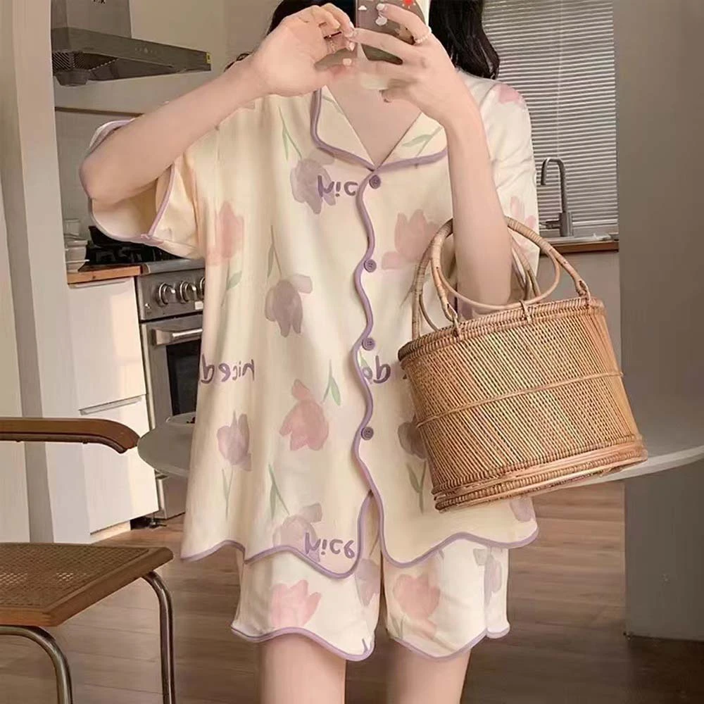 Short Sleeve Tulip Flowers Pajamas Nightwear Set Single Breasted Shirts Flowers Pajama Pants Brief Pants Comfortable