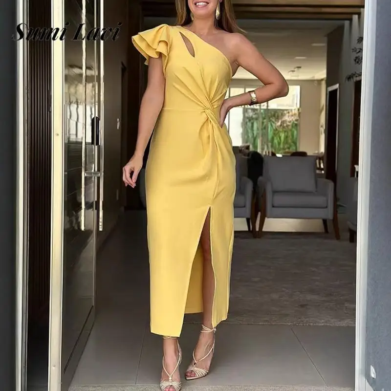 

Fashion Draped Solid Slim Long Dress 2025 Sexy Slant Shoulder Split Gown Dress Women Elegant Ruffle Sleeve Irregular Party Dress