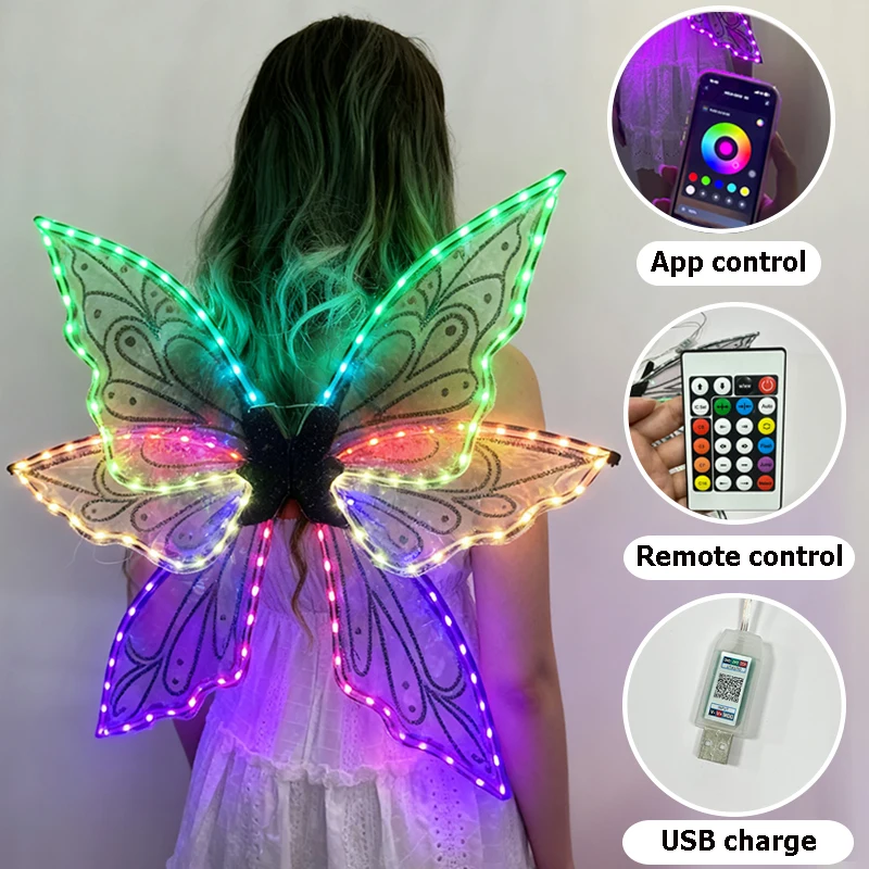 Colorful LED Fairy Wings Luminous Butterfly Wings Cosplay Angel Wings for Girls Dance Performance Costume Supplies