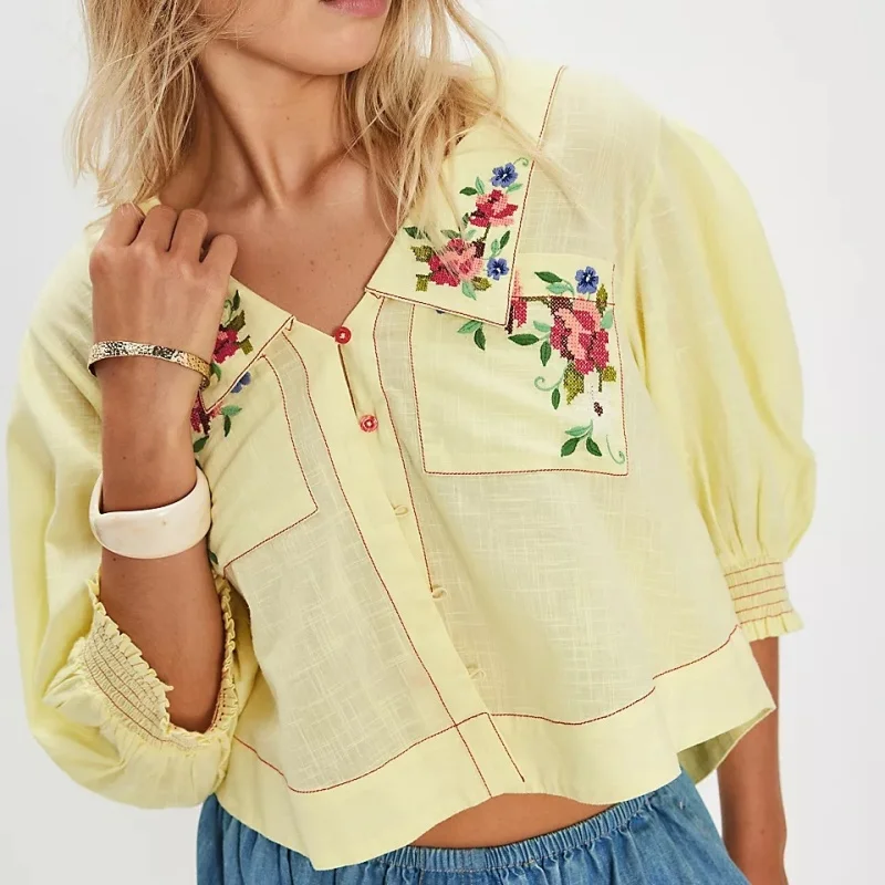 

Women Y2k Button Up Embroidered Floral Blouse Crop Tops Cute Puff Smocked Sleeve Going Out Tshirts Summer Sheer Linen Top