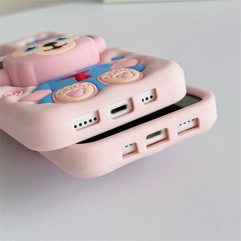 Kawaii Cartoon Bear Phone Case for iPhone 17 16 15 plus 14 13 12 11 16E 17 Pro Max Cover with 3D Duffy Shirley May Stand Cases