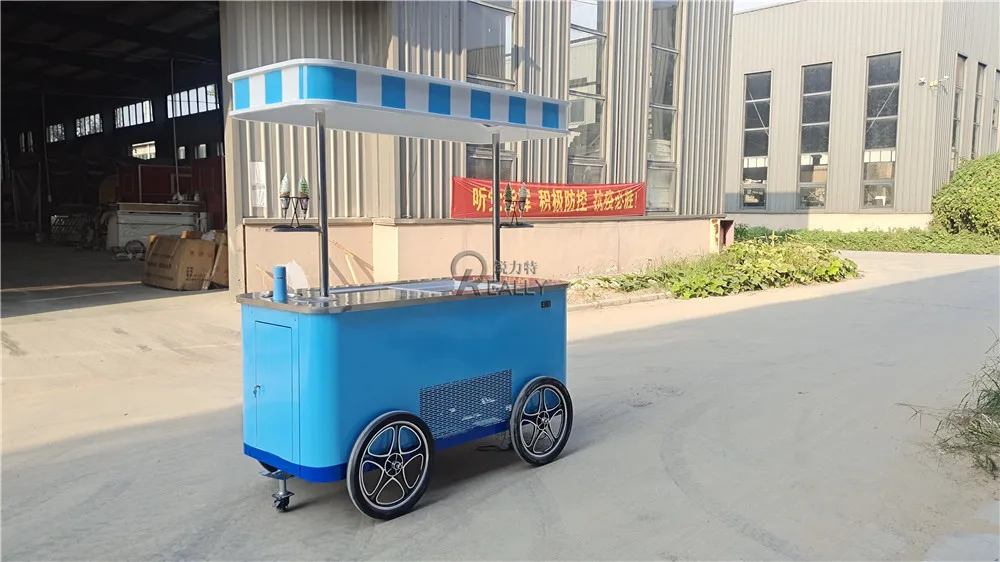 Commercial Mobile Beach Ice Cream Combination Food Cart With Wheels Hot Dog Trolley Freezer Push Gelato Stand Cart