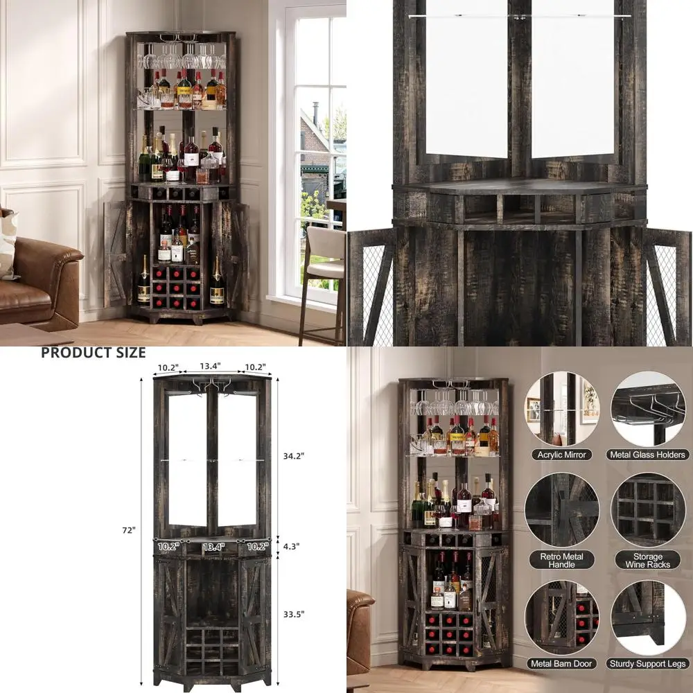 

Corner Bar Storage Cabinet, 72” Tall Farmhouse Wine Cabinet with Barn Door, Home Bar with Acrylic Mirror & Glass Rack for Dining