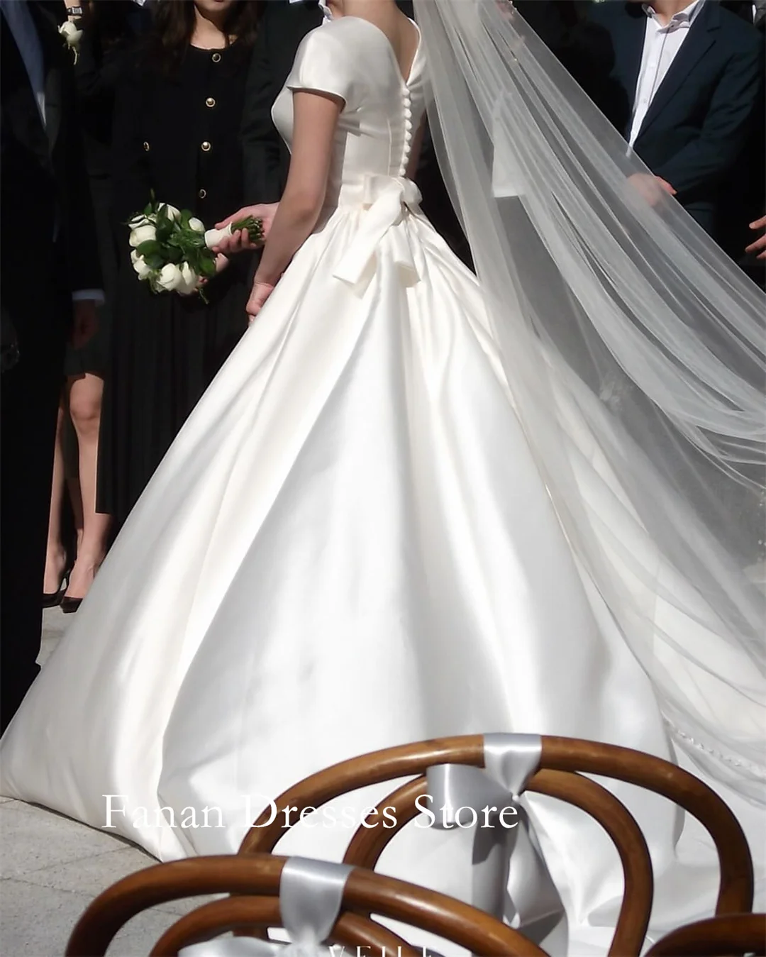 FANAN Korea Eleganckie suknie ślubne w kształcie litery A z dekoltem w serek 웨딩드레스 Marszczony krótki rękaw Kość słoniowa Szyte na miarę Śliczne suknie dla panny młodej P