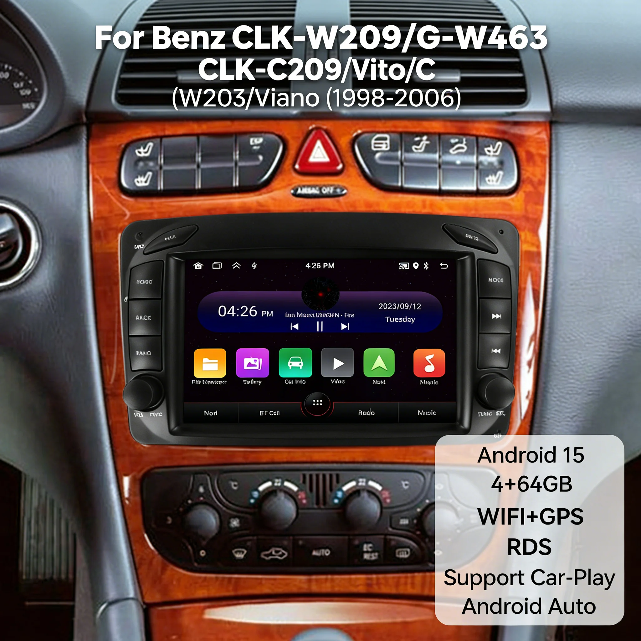 Reproductor Multimedia para coche Carplay Android Auto Radio 2 + 64G para Mercedes Benz CLK W209 C209 W168 W203 W463 Vito Viano 1998 - 2006 GPS