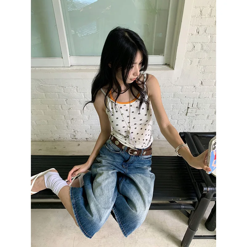 Benuynffy Retro Mid Waisted Washed Cropped Jeans Women 2026 Summer New American Fashion Streetwear Loose Wide Leg Capri Pants