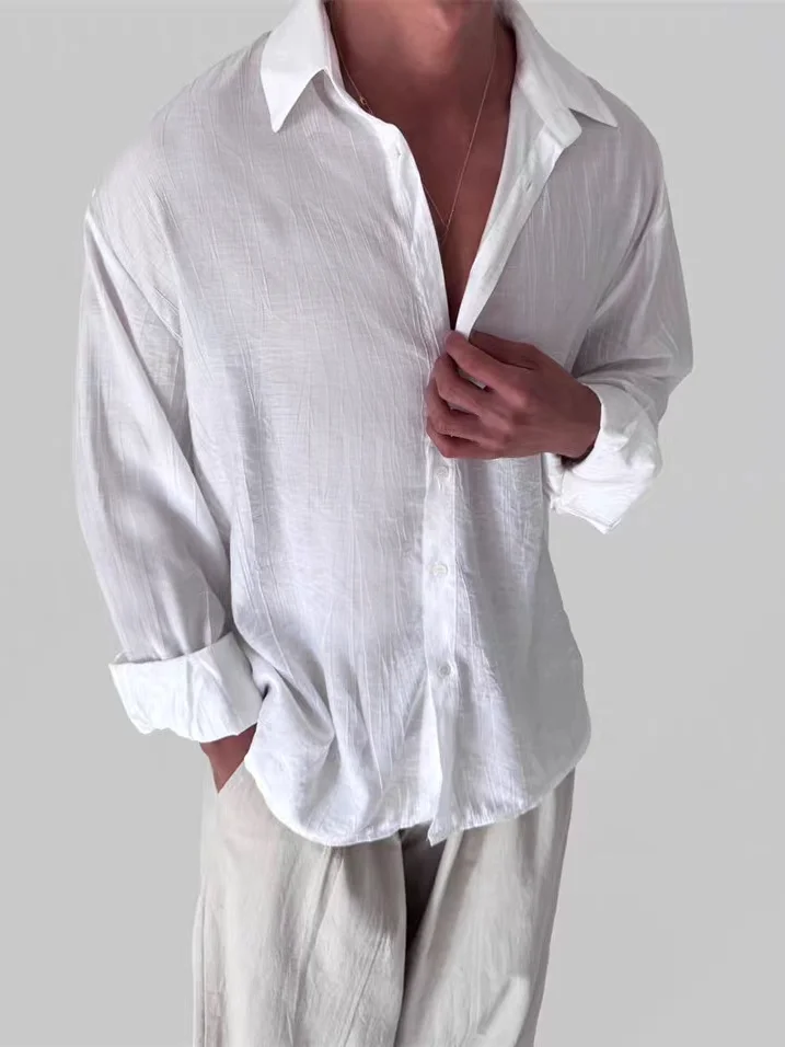 

Мужская длинная льняная рубашка с защитой от солнца, тонкая, дышащая, повседневная рабочая одежда, однотонная, универсальная, в американском ретро-стиле.