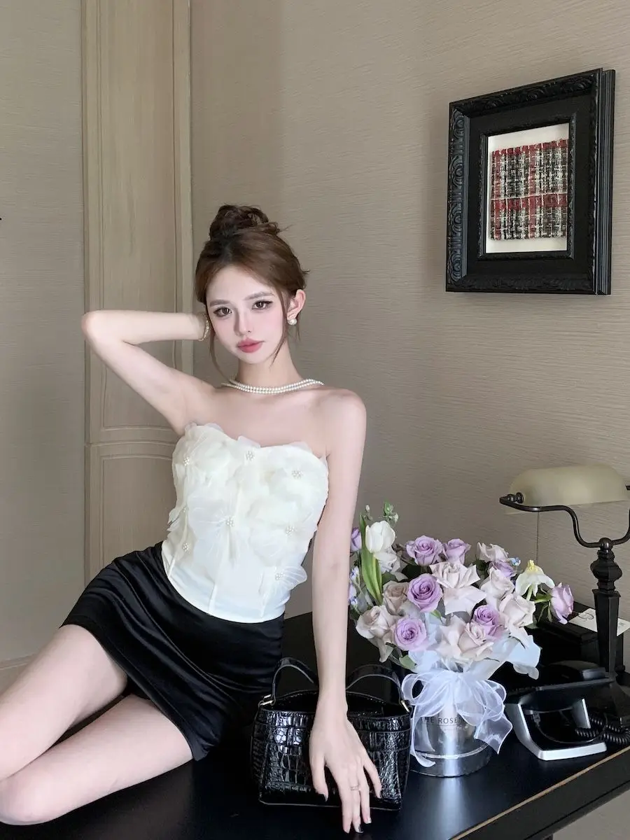 Pure สไตล์ตาข่ายดอกไม้ Slim และ Elegant Strapless Top สําหรับผู้หญิงใหม่สาวร้อน Breast Wrap เสื้อ