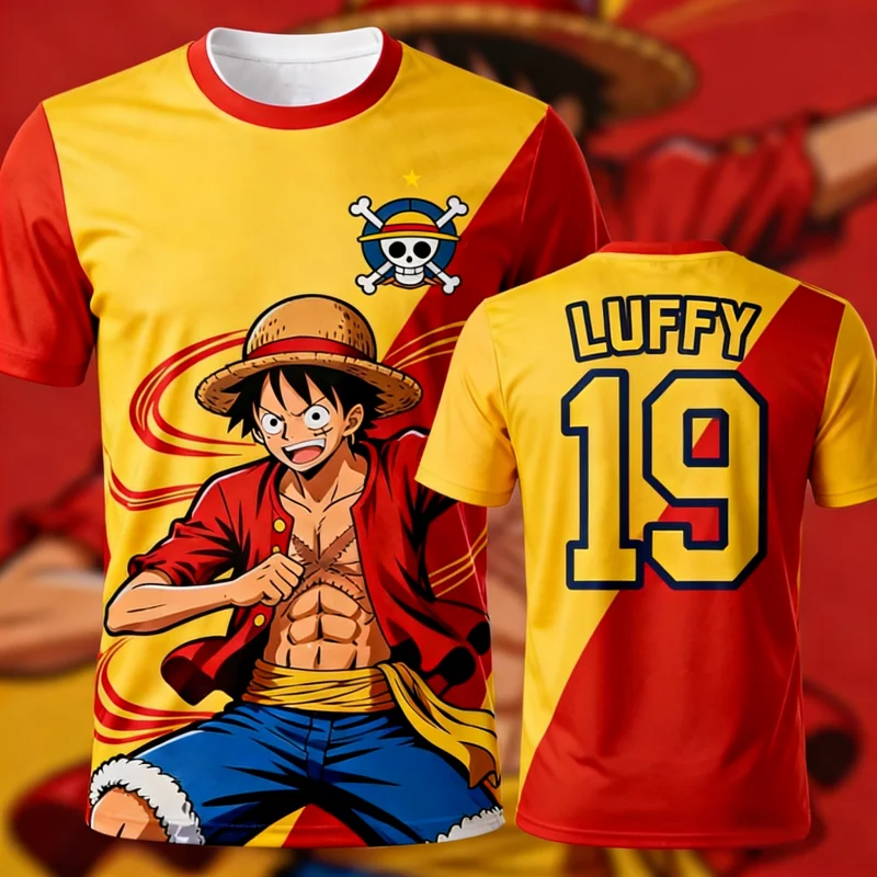 2026 Sommer One Piece Luffy Retro 3D-Druck T-Shirt, Schnelltrocknendes Sport-T-Shirt für Erwachsene & Kinder mit Strohhut, Totenkopf & Narben-Elementen