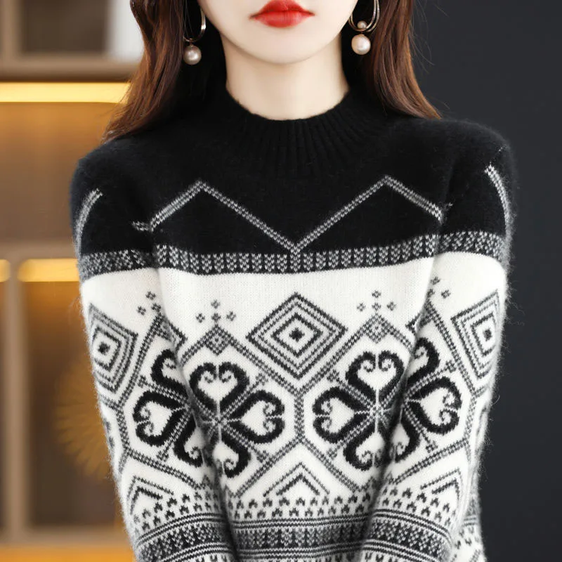 New Autumn/Winter Fashion Korean Edition Jacquard Half High Neck Plush Thickened Loose and Versatile Western Women\'s Sweater