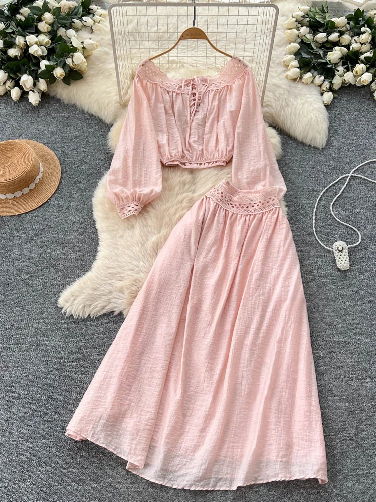 

Ele Lace Splice High Waist Skirt Set ort Sve oulder Bared Women's Faion Autumn Outfit Two-Piece Ensemble