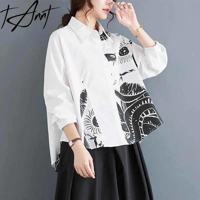 Tannt Women Shirt Patchwork Irregular Long Sleeves Printing Shirt Blouse Women Asymmetric Fashion White Black Blouse Top 2025