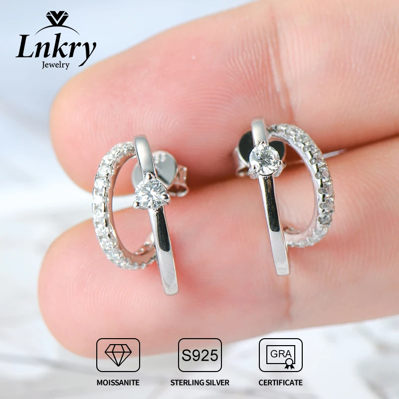 

Lnkry S925 Sterling Silver C Shape Stud Earring Pass Diamond Test D0.28CT Moissanite Earrings For Women Unique Korean Jewelry