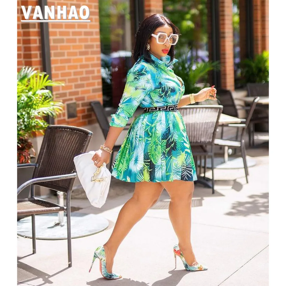 VANHAO  Fashion Long Sleeve Print Shirt Dresses Casual Women Clothinng Lapel Elegant Vintage Mini Dress Wholesale Dropshipping