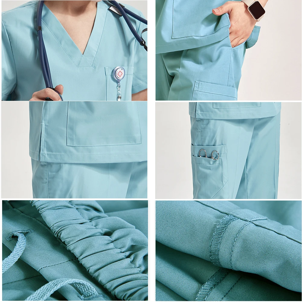 Functional Durable Medical Uniforms Nonelastic Basics Hospital Nursing Multiple Pockets Cargo Scrubs Sets for Women Men 8020