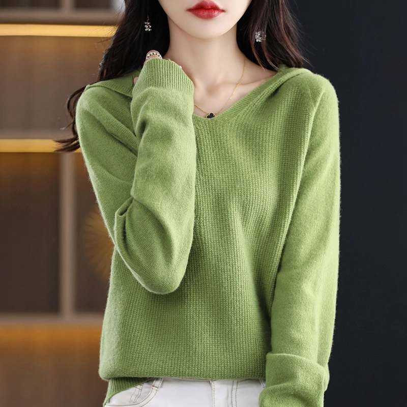 2025 Herbst und Winter 100 % Merinowolle Damen-Strickpullover mit Kapuze, lockeres und elegantes, langärmeliges, warmes Oberteil aus Kaschmir mit V-Ausschnitt